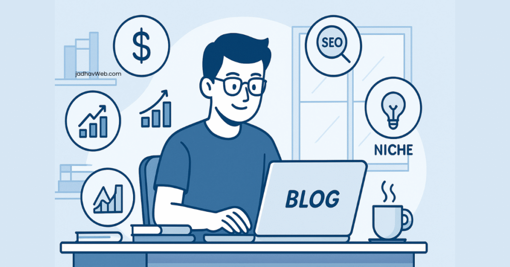 Illustration of a blogger choosing a niche with icons representing SEO, traffic, and monetization.