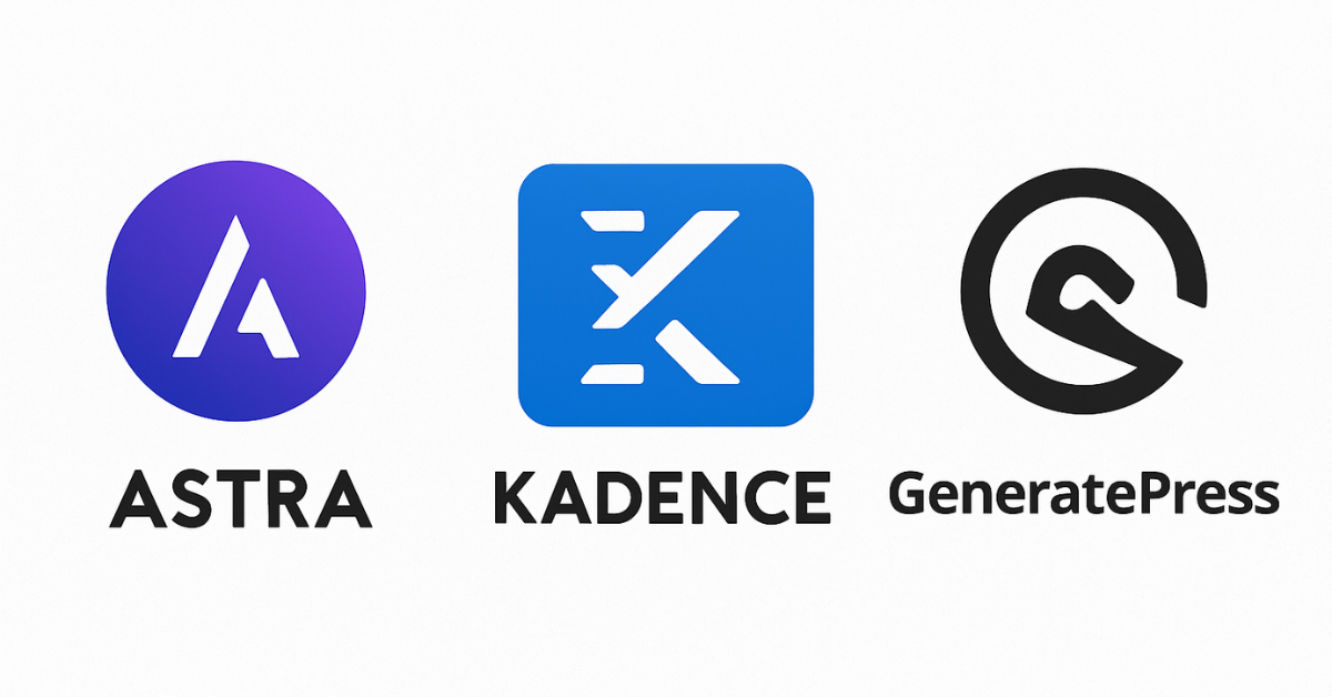 Visual collage of the best free WordPress blog themes in 2025 with screenshots of Astra, Kadence, and Neve on a laptop screen