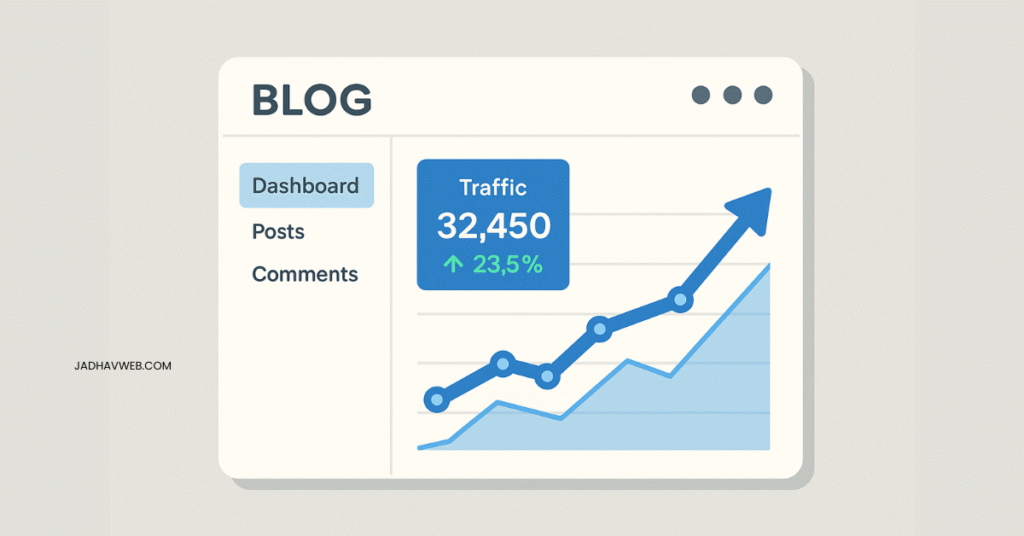 Illustration of a blog dashboard with growing organic traffic and SEO icons representing content strategy.