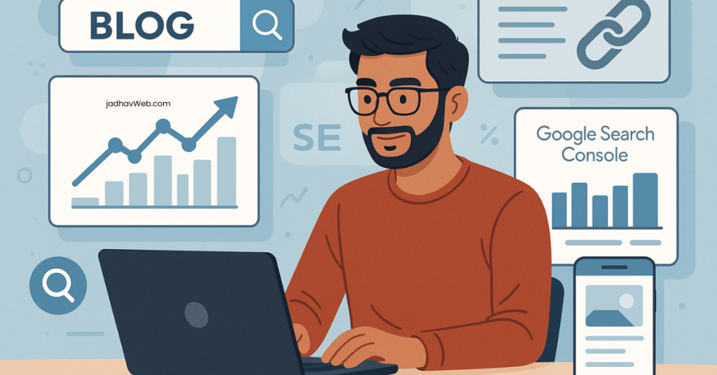 Illustration of Indian blogger optimizing WordPress blog for SEO using Google Search Console and analytics tools in 2025